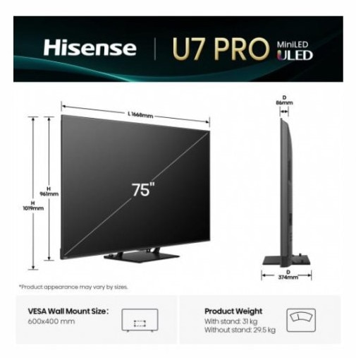 Televizor Hisense 75U7Q PRO, 75", ULED, TV 4K, VIDAA, negru