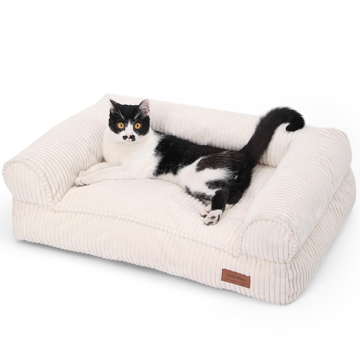 Canapea Extensibila Pentru Pisici Fukumaru, Pat Confortabil Din Catifea Reiata Cu Husa Detasabila Si Lavabila, Canapea Extensibila Antiderapanta Pentru Caini Mici, 72 X 52 X 22 Cm, Mediu, Crem