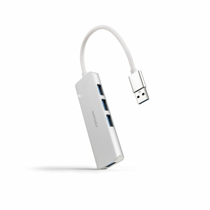 Hub USB Nanocable 10.16.4602, 4x USB A 3.2 Gen 1, argintiu, 13,5 cm
