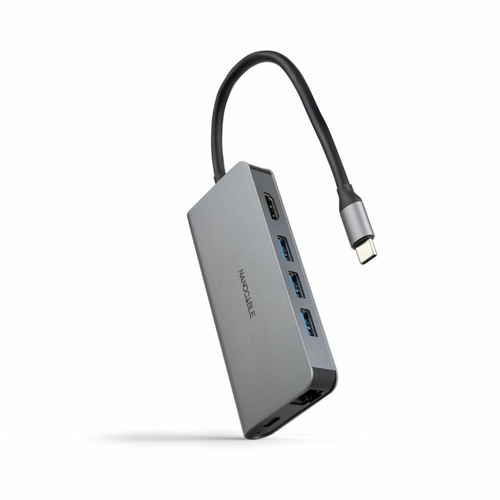 Hub USB Nanocable, gri, 10 porturi, 100W, 4K Ultra HD
