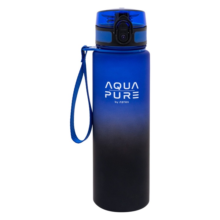 Aqua Pure 600 ml-es palack, Astra, biztonságos anyagból, kék-fekete színű, méretek 24x6,5 cm