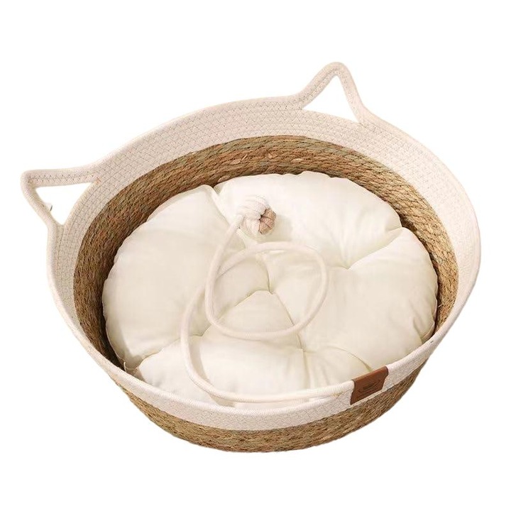 Cosulet pisici, Rukuapid, Rotund, Ratan/Bumbac, 40x40x13cm, Alb/Bej