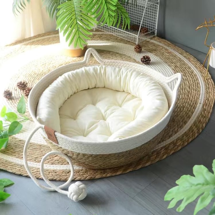 Culcuș Rukuapid pentru Pisici din Rattan, Set cu Pernă din Bumbac, Maro și Alb, 40x40x10 cm