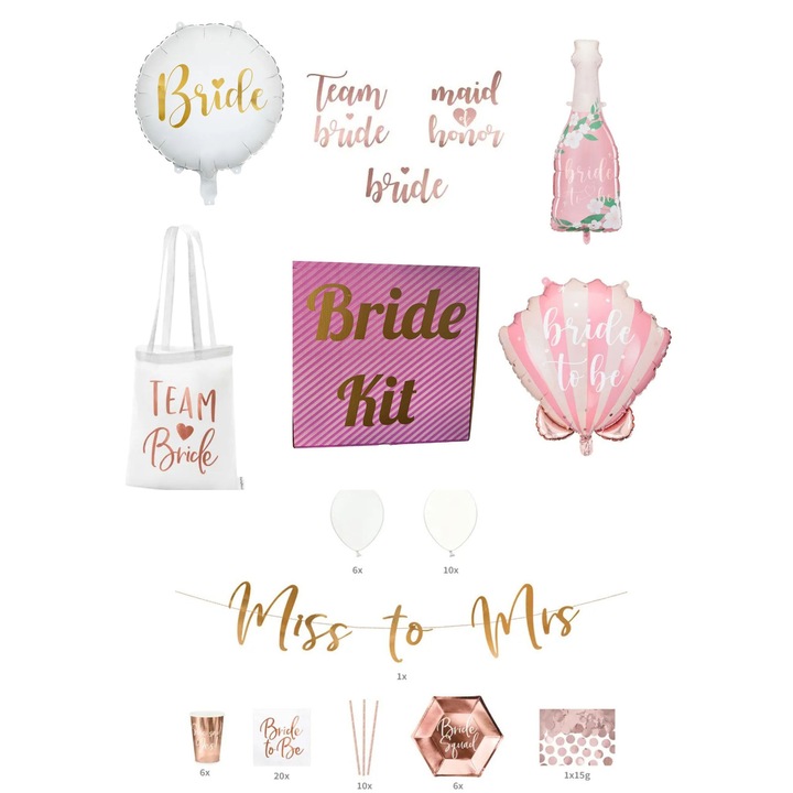 Komplett rozéarany menyasszonyi szett, 65 darabos – dekoráció, lufik, táska, tetoválások, leánybúcsú