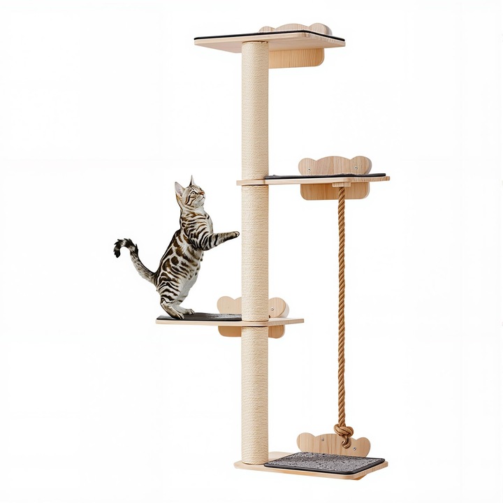 Arbore pentru pisici, VEVOR, 125 cm, 4 niveluri, lemn de pin, set mobilă