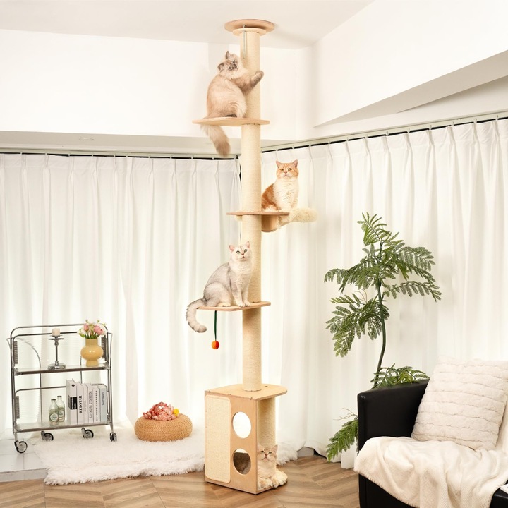 Arbore pentru pisici Mewoofun, înălțime reglabilă 257-275 cm, cu hamac și peșteră, bej