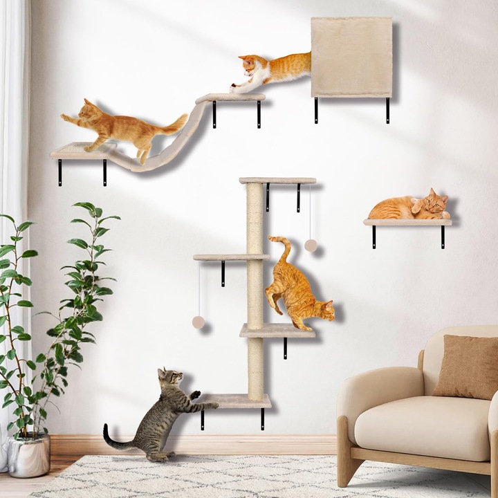 Perete de catarat pentru pisici, Myiosus, set de 10 piese, panouri rezistente, montat pe perete