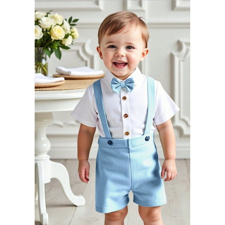 Тениска с къс ръкав с папийонка и шорти с тиранти, Син