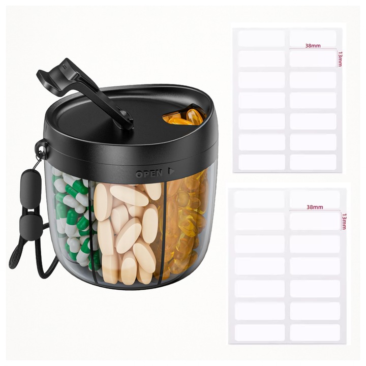 Organizator mare pentru pastile, cutie pentru 7 tipuri de vitamine, design anti-amestec si deschidere larga, usor de utilizat, include 28 etichete autoadezive, Organizator medicamente Plastc Uz general Negru