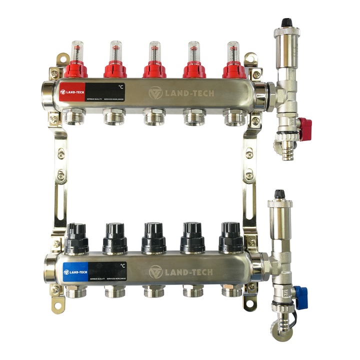Set de distribuitor din inox cu debimetre, izolatie anticondens, robinet de golire, aerisitor automat, 1"x3/4"x5 cai, Land-Tech