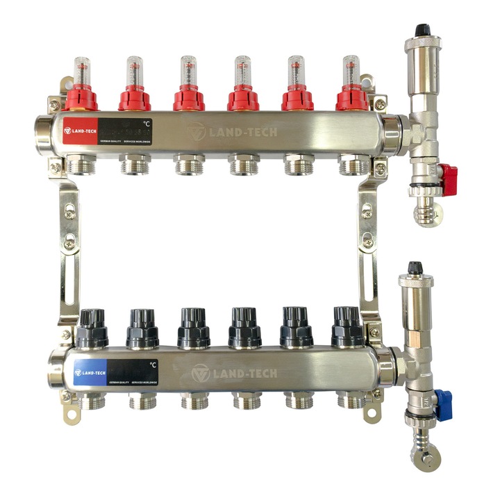 Set de distribuitor din inox cu debimetre, izolatie anticondens, robinet de golire, aerisitor automat, 1"x3/4"x6 cai, Land-Tech