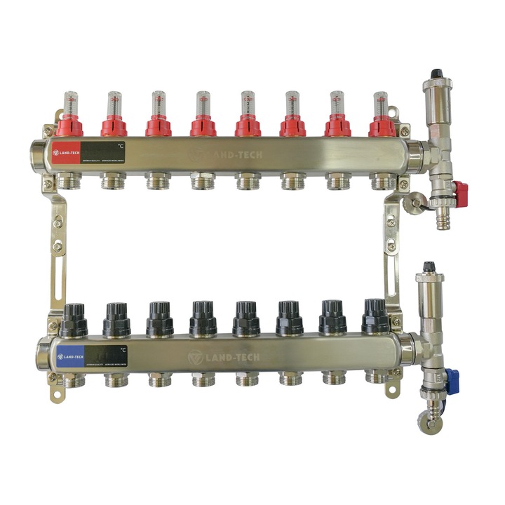 Set de distribuitor din inox cu debimetre, izolatie anticondens, robinet de golire, aerisitor automat, 1"x3/4"x8 cai, Land-Tech