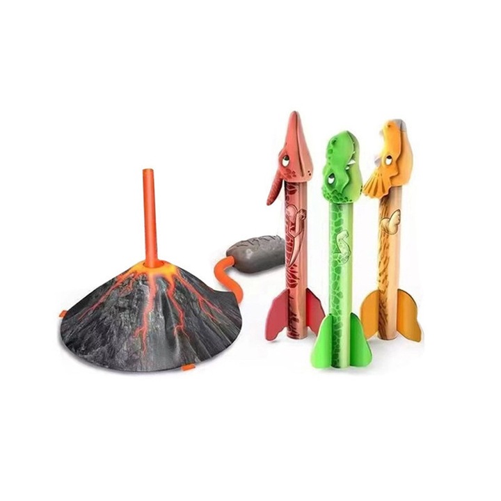 Rakétakilövő készlet, dinoszaurusz téma, 3 rakéta, ugrással aktiválható, többszínű