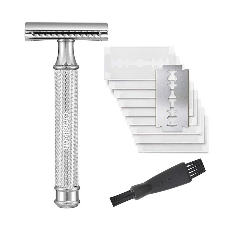 Omelivon kétoldalas biztonsági borotva, 10 rozsdamentes acél pengével, hosszú nyéllel, tartós