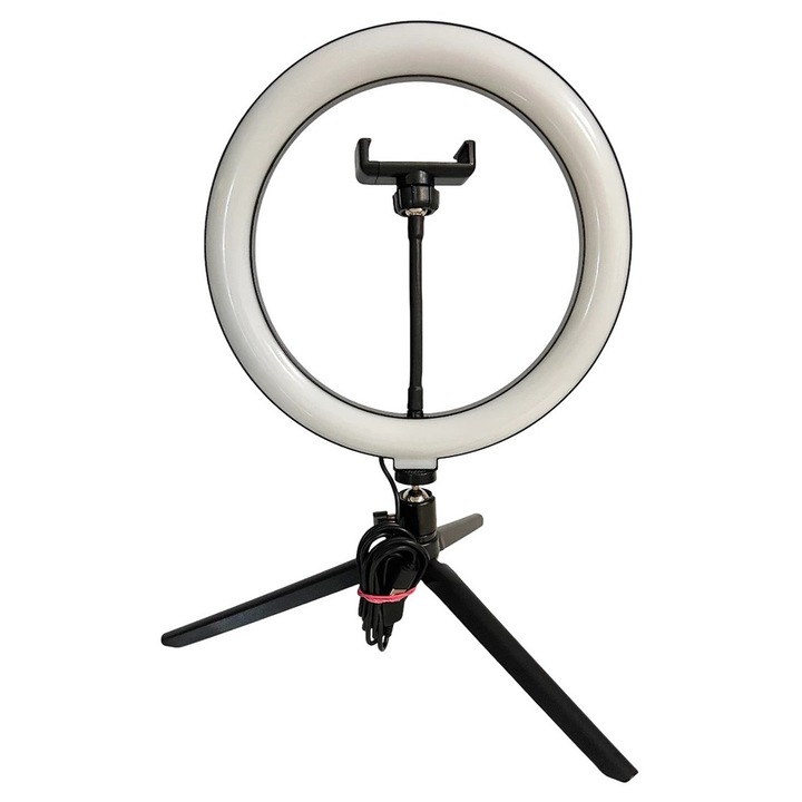 Lampa LED circulara cu trepied, Negru, Fetisshop, Dimensiunea 26 cm