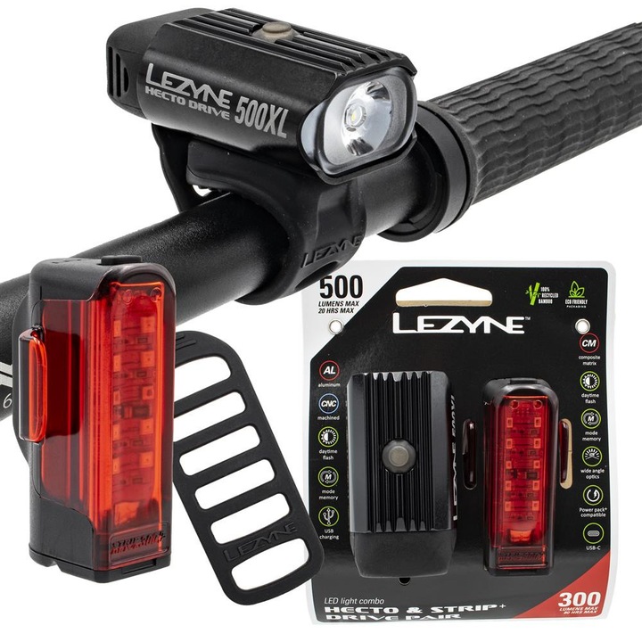 Set lumini bicicleta Lezyne Hecto Drive Strip 500 x 300 lm fata si spate