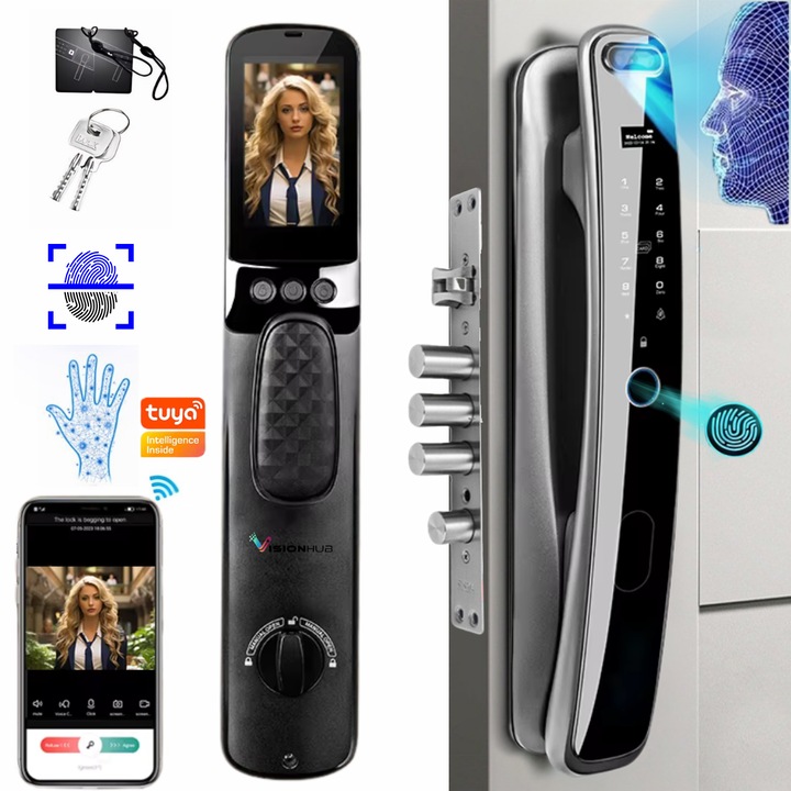 Yala inteligenta Smart cu Recunoastere Faciala 3D, Incuietoare wireless VisionHub® cu Camera Video, Deschidere cu Amprenta, Card, Parola, NFC, Cheie, Aplicatie Tuya compatibila Android si IOS, Control de la Distanta, Multiple moduri de acces, Broasca