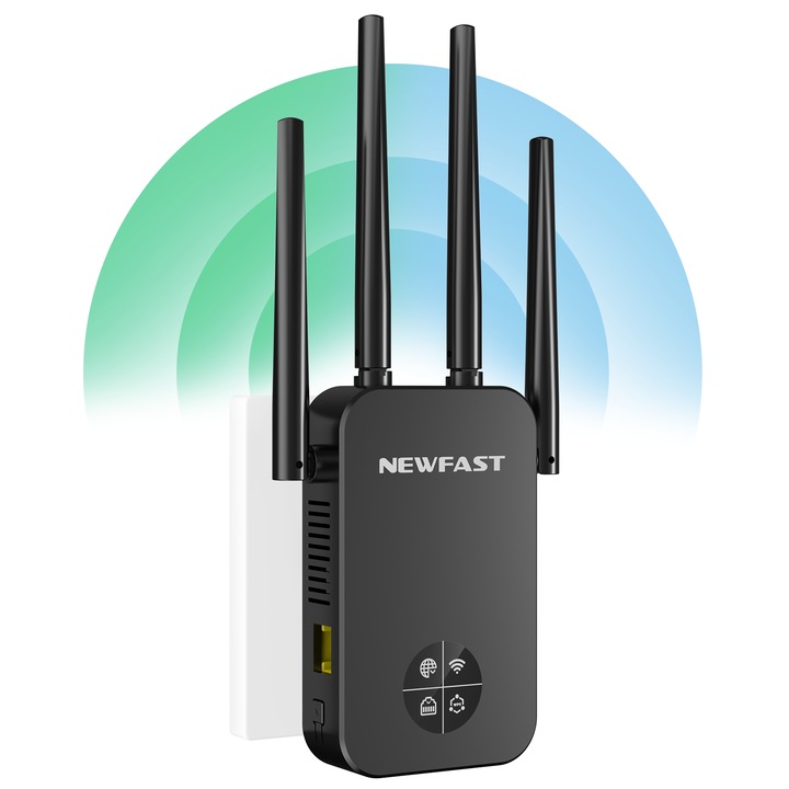 Amplificator WiFi NEWFAST NF-RE523, 1200Mbps, Negru, 5GHz, cu ecran OLED Extensori WiFi Puternici cu Radacini Lunga (5GHz Semnal) – Amplificator, Amplificator de Semnal, Repetor cu Antena, 4 Antene