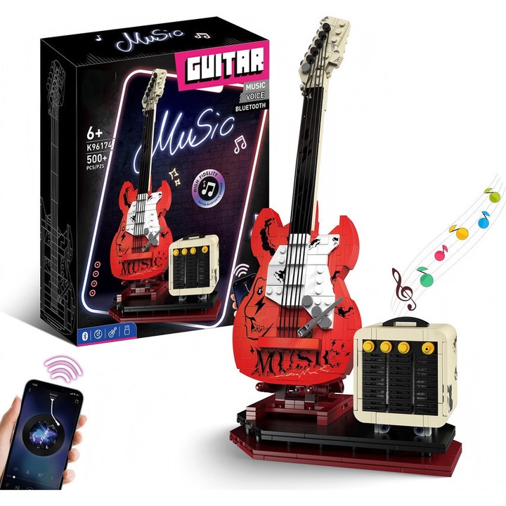 Set de constructie chitara rock, WALALLA, 800 piese, Bluetooth, ABS, pentru copii peste 6 ani si adulti