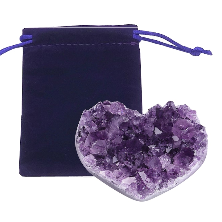 Természetes ametiszt dísz, TREXORA, szív alakú, bársony tokkal, lila