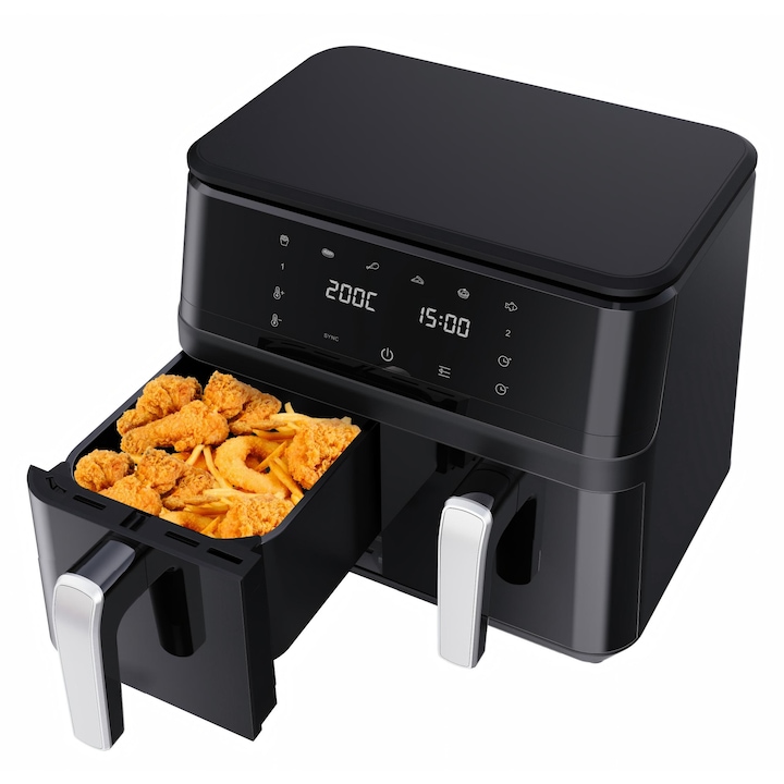 Най-Добрия Фритюрник с Горещ Въздух с Две Кошници (Двузонов) Фритюрник с горещ въздух HAGAETHI® SPRX-8017D, Немски дизайн, 10л, 2000W, 2 кошници, 6 режима, Вътрешни материали от хранителен клас, 2 скари, Нагряване отгоре и отдолу, Черен, 39.5x35.5x31.1см