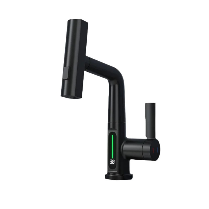 Mosdócsaptelep, digitális kijelzővel, kerámia szeleppel, ABS szórófejjel, fekete