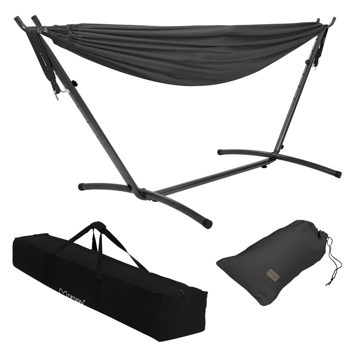 Двоен градински хамак с регулируема опора ML-Design XXL тъмносив къмпинг висящ стол от стоманена конструкция за 2 души, удобна люлка, подходяща за употреба на закрито и на открито, включена чанта за носене