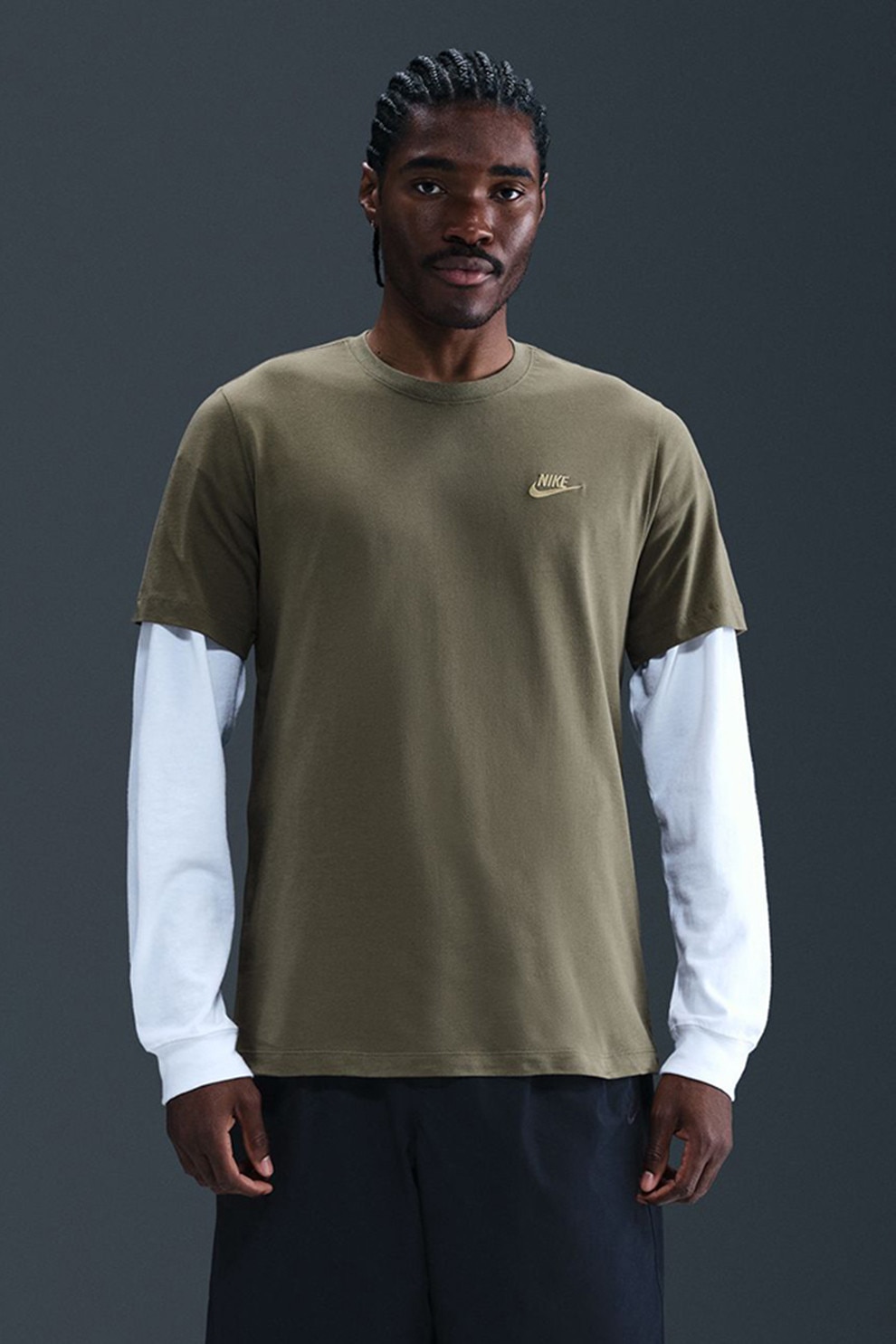 Nike, Tricou din bumbac cu detaliu cu logo brodat Sportswear Club, Kaki inchis, M