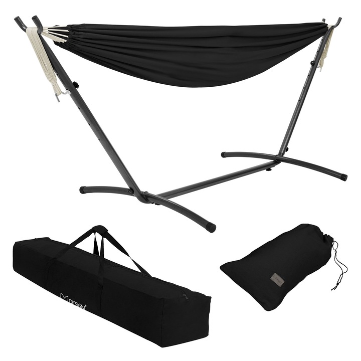 Hamac dublu de gradina cu suport ajustabil ML-Design XXL structura din otel negru scaun suspendat camping pentru 2 personae leagan confortabil potrivit pentru interior si exterior, geanta de transport inclusa