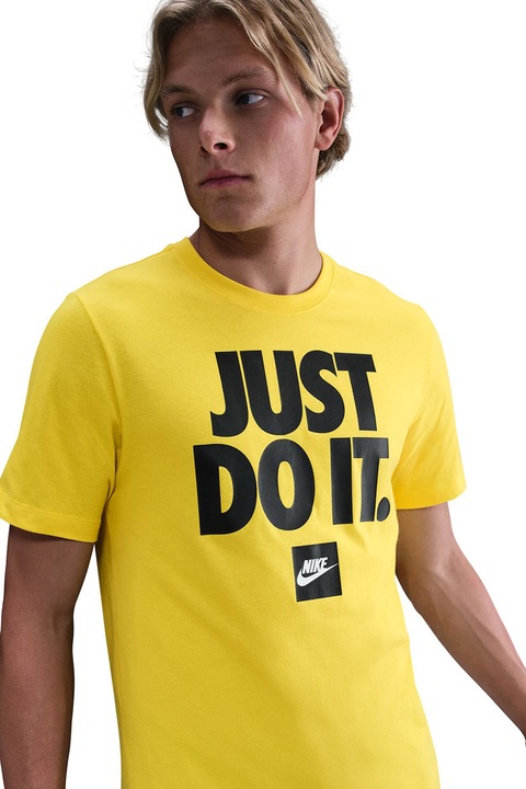 Nike, Памучна тениска Sportswear с принт, Черен/Светло жълто