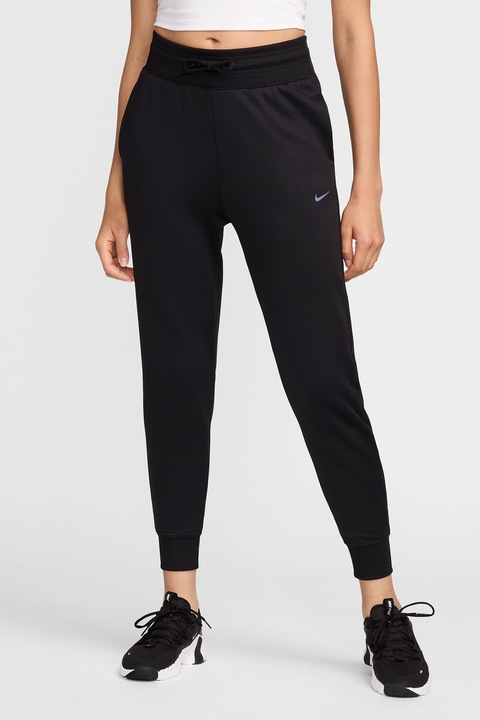 Nike, Pantaloni de trening cu talie ajustabila si talie inalta, pentru fitness, Negru