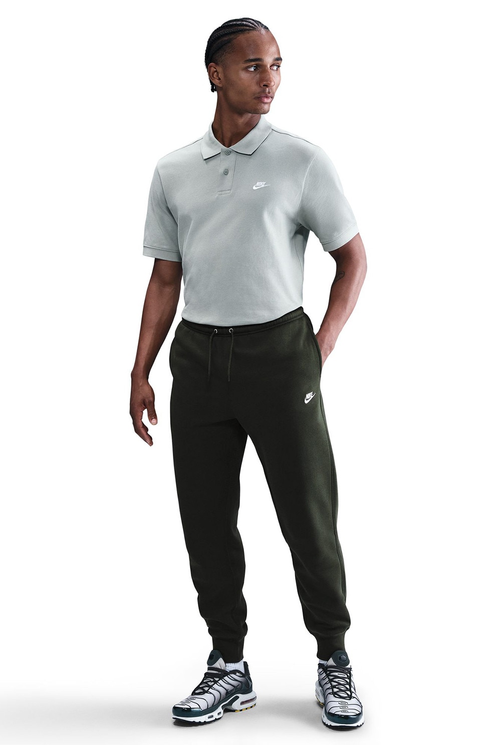 Nike, Pantaloni de trening cu logo si snur de ajustare, Verde inchis, S