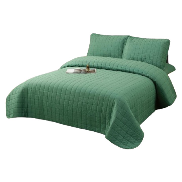 Cuvertura cu Cearsaf si Fete de Perne, Cearsaf cu Elastic, Bumbac, 4 Piese, 2 Persoane, Uni, 180x200cm, Verde