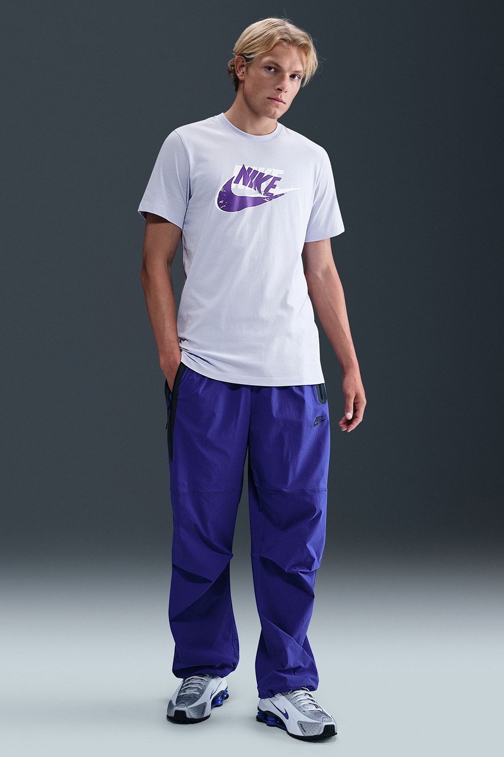 Nike, Tricou din bumbac cu imprimeu logo, Violet, Alb optic, XL