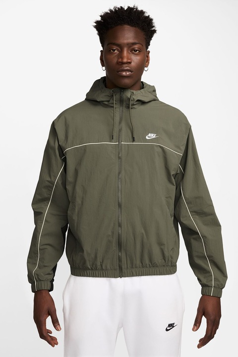 Nike, Jacheta cu logo si gluga, Kaki/Verde masliniu