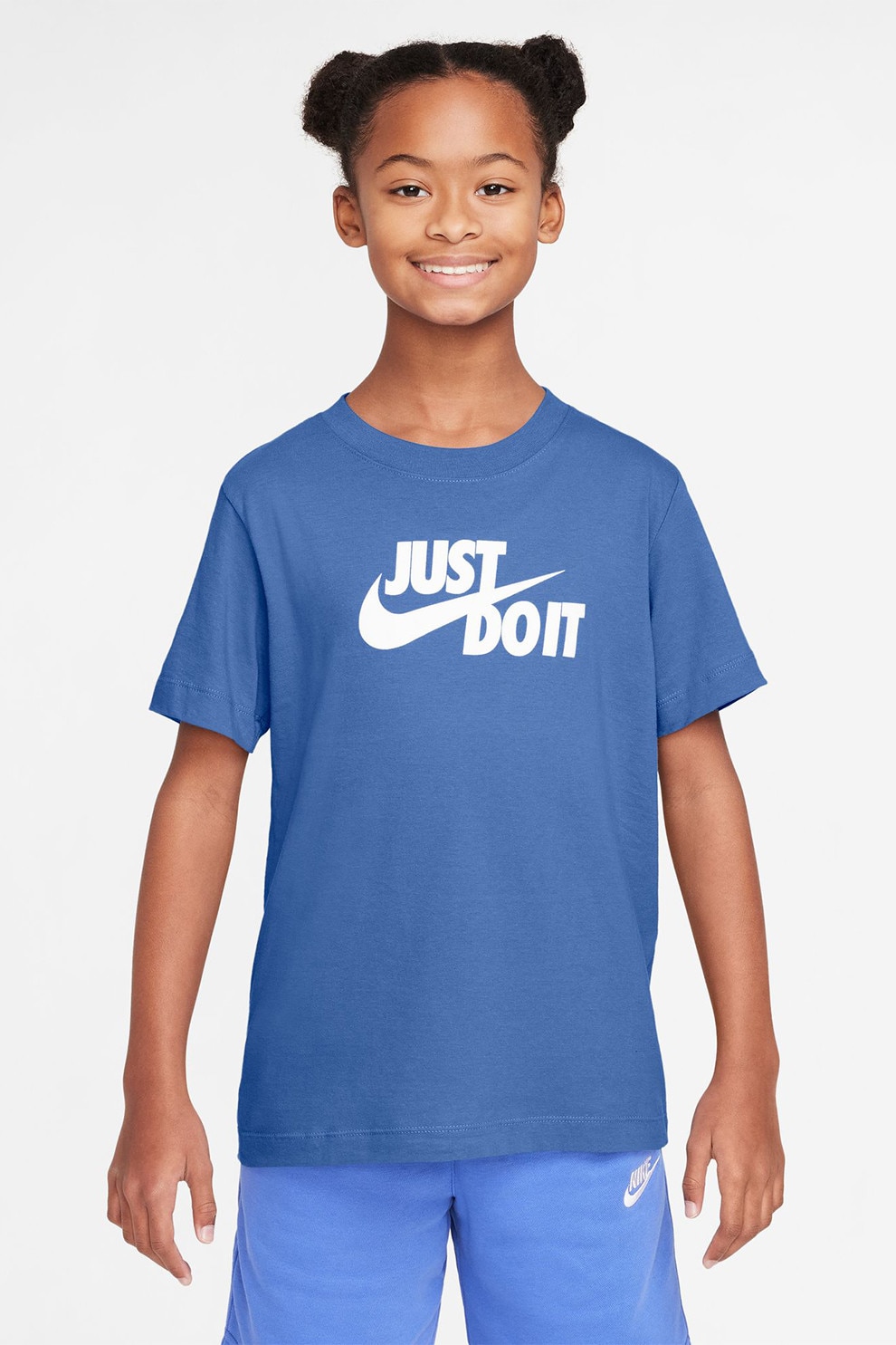 Nike, Tricou din bumbac cu decolteu la baza gatului, Alb, Albastru petrol, 122-128 CM