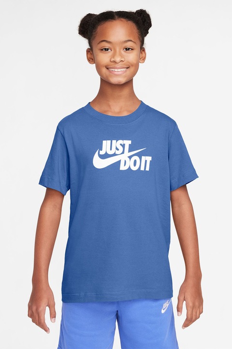 Nike, Памучна тениска с овално деколте, Бял/Петролно синьо