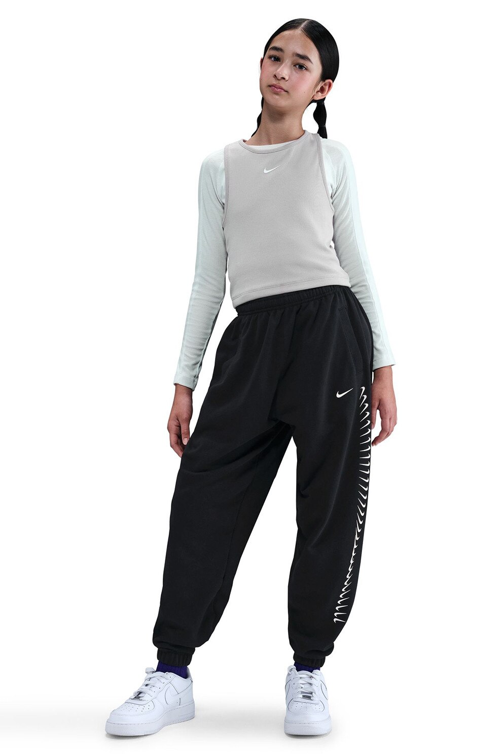 Nike, Pantaloni de trening cu model monograma lateral, Alb, Negru, 122-128 CM