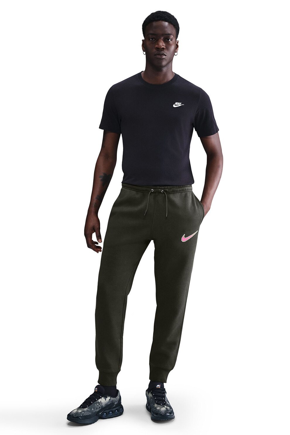 Nike, Pantaloni de trening conici si snur, verde militar inchis, S