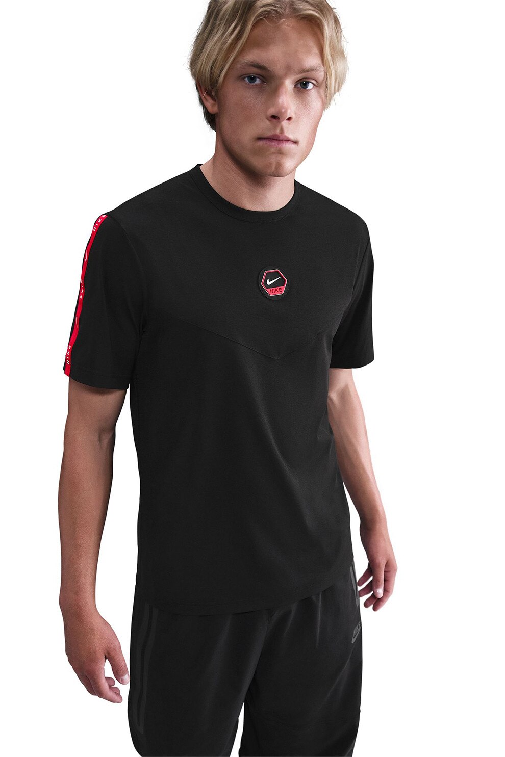 Nike, Tricou cu decolteu la baza gatului si detaliu logo, Negru, XL