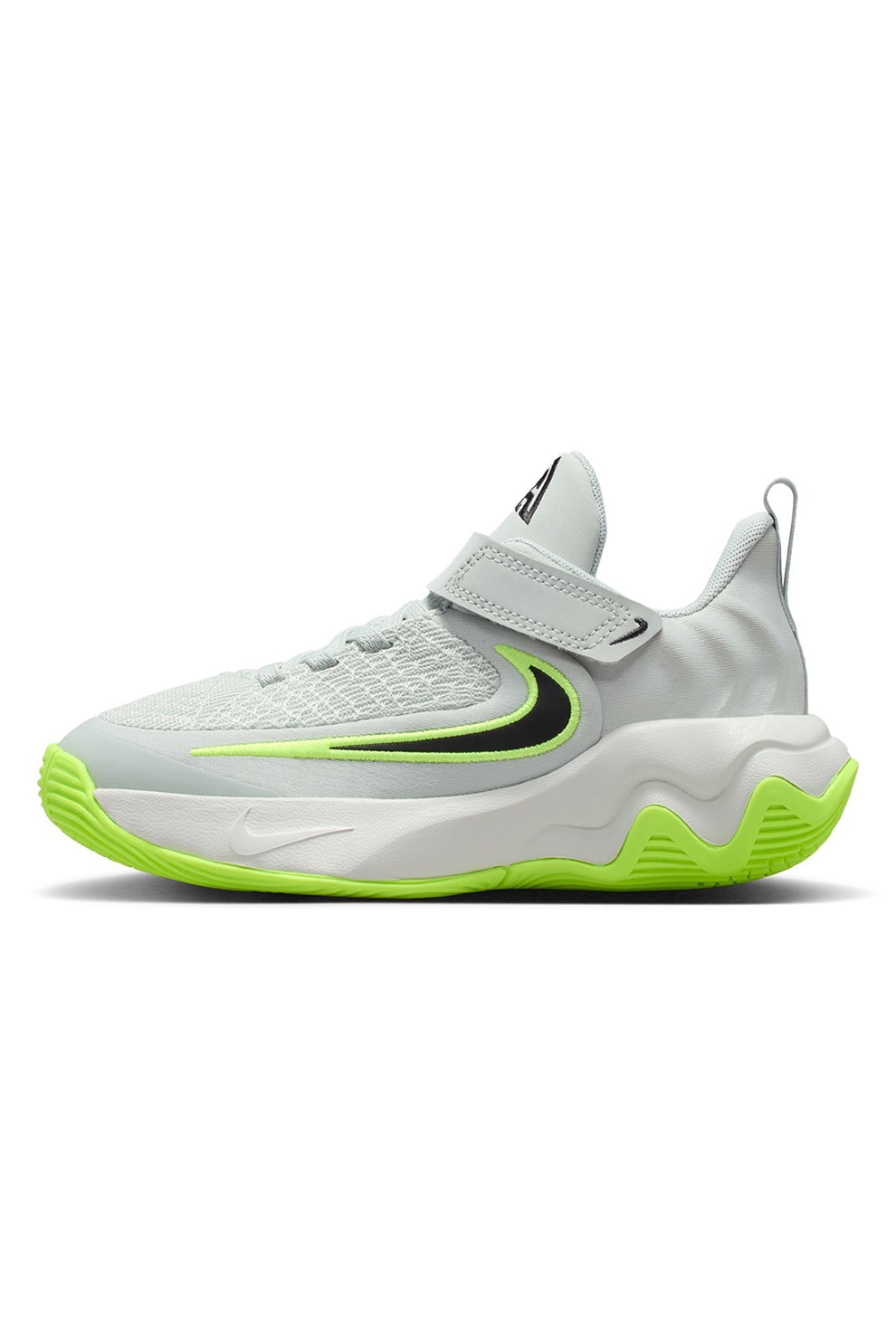 Nike, Pantofi Giannis Immortality 4 cu segment cu inchidere velcro pentru baschet, Gri deschis, Verde lime, 28 EU