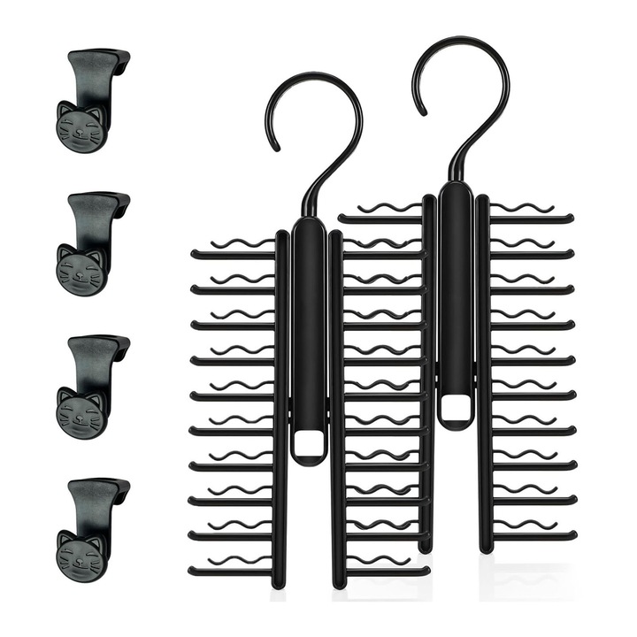 Vállfa nyakkendők és övek tárolására, XUNNING®, 2 db, 360°-ban forgatható, összecsukható, könnyen tárolható, 28*13 cm, műanyag