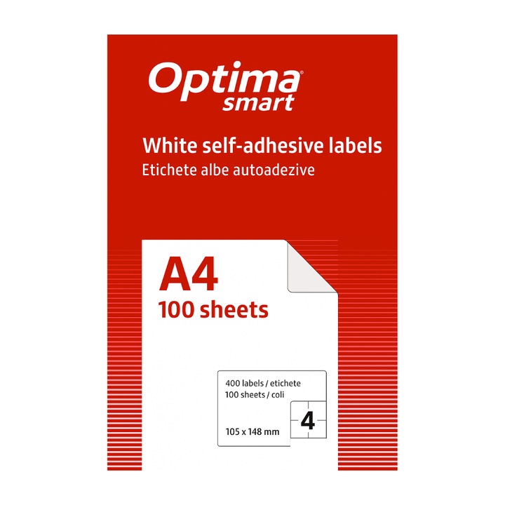Öntapadós fehér címkék 4/a4, 105 x 148 mm, 100 lap/tető, Optima Smart