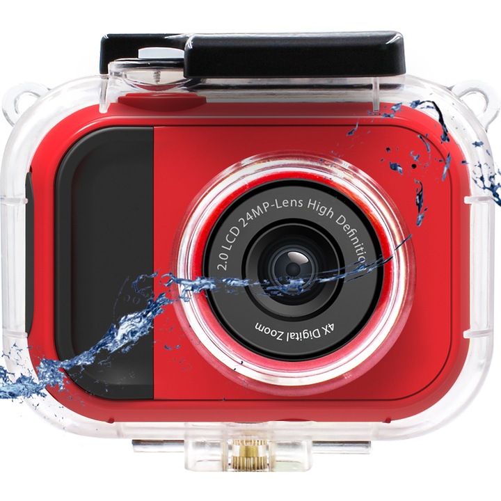 Camera video de actiune Lamtech LAM111993 2in1, 24MP, Full HD, Ecran IPS 2", Zoom digital 4X, Carcasa Waterproof Rosu