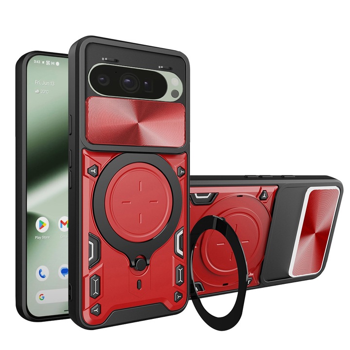 Tok Google Pixel 10 / 10 Pro DaDen®, CamGuard Pro Kitámasztó, Forgatható gyűrű, Kamera csúszka, Ütésálló, Kiváló védelem, Piros