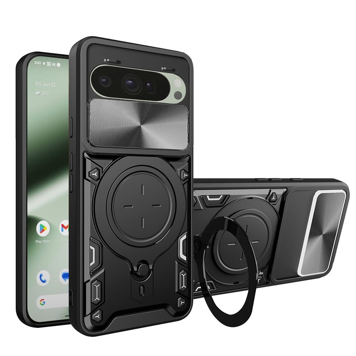 Tok Google Pixel 10 / 10 Pro DaDen®, CamGuard Pro Kitámasztó, Forgatható gyűrű, Kameracsúszka, Ütésálló, Kiváló védelem, Fekete