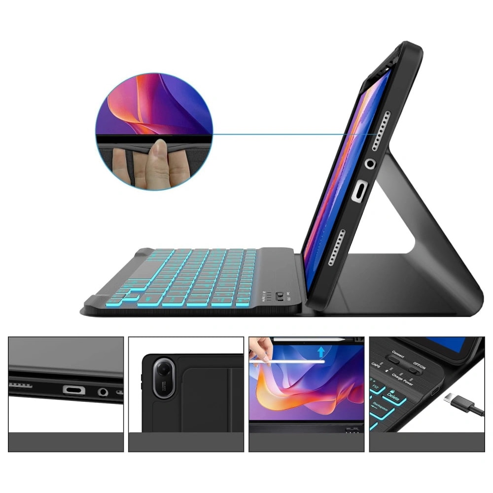 Husa pentru Xiaomi Redmi Pad 2 11 inch 2025 cu tastatura iluminata wireless detasabila RGB 7 lights, Bluetooth, USB Type-C, functie stand si slot stylus, negru