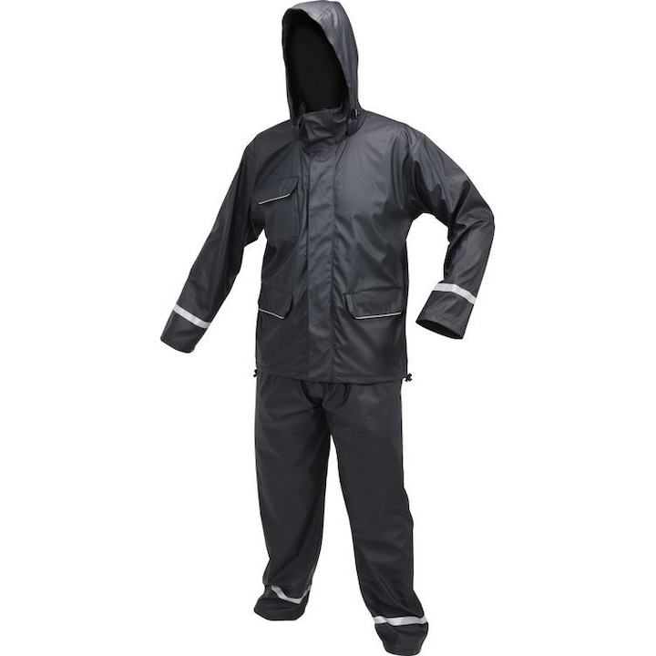 Costum de ploaie 2 piese Yato, impermeabil, cu benzi reflectorizante, bleumarin, material poliester cu PU, S
