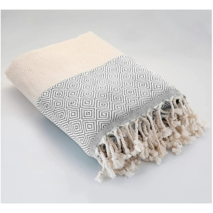 Премиум кърпа Peshtemal за плаж, СПА, басейн и баня, изработена от 100% турски памук, Newtone, P-17, лека, абсорбираща, бързосъхнеща, преносима, геометричен модел, 420 гр, 95x180 см, бяла и светло сива