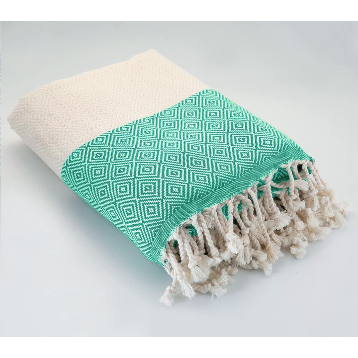 Премиум кърпа Peshtemal за плаж, СПА, басейн и баня, изработена от 100% турски памук, Newtone, P-19, лека, абсорбираща, бързосъхнеща, преносима, геометричен модел, 420 гр, 95x180 см, бяла и зелена